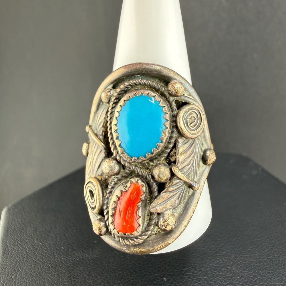 Vintage CE Ring‎ Silver Turquoise Coral Leaf Southwest Size 12.5 READ